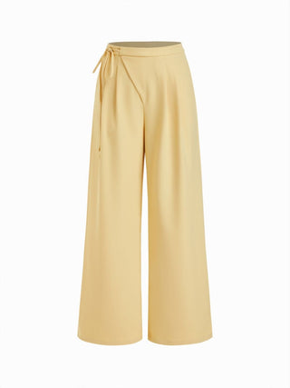 Mid Rise Tie Side Knotted Pleated Wide Leg Trousers