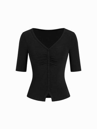 V-neck Mid-length Sleeve Ruched Split Hem Top