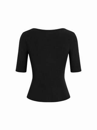V-neck Mid-length Sleeve Ruched Split Hem Top