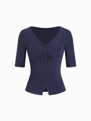 V-neck Mid-length Sleeve Ruched Split Hem Top