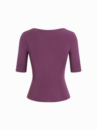V-neck Mid-length Sleeve Ruched Split Hem Top
