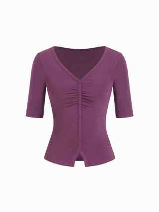 V-neck Mid-length Sleeve Ruched Split Hem Top