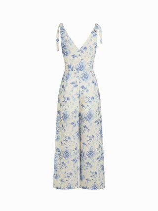 Floral V-neck Bowknot Mid Rise Wide Leg Jumpsuit