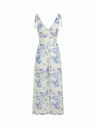 Floral V-neck Bowknot Mid Rise Wide Leg Jumpsuit