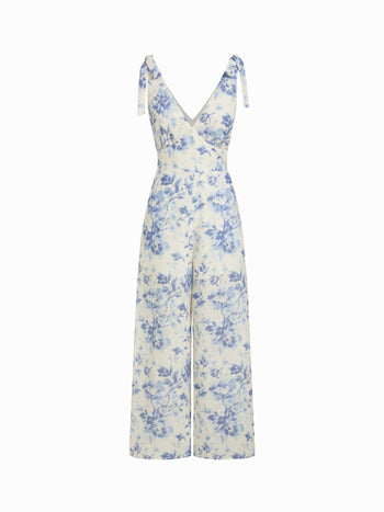 Floral V-neck Bowknot Mid Rise Wide Leg Jumpsuit