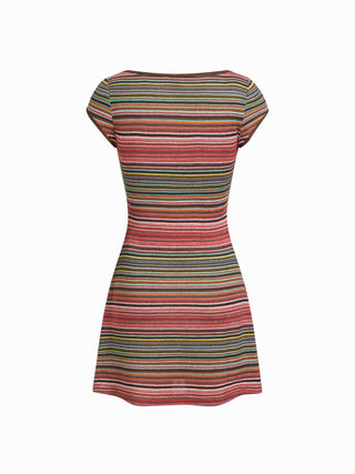 High Stretch Textured Striped Boat Neck Short Sleeve Colorblock A-line Mini Dress