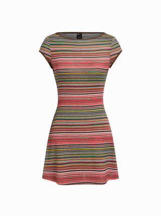 High Stretch Textured Striped Boat Neck Short Sleeve Colorblock A-line Mini Dress