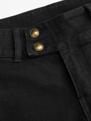 Stretch Denim Washed Mid Rise Metal Detail Flared Capri Jeans