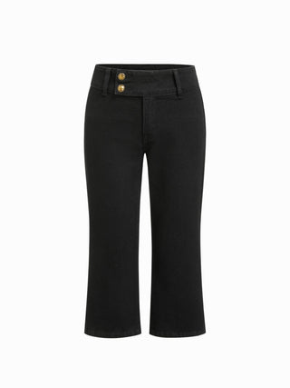 Stretch Denim Washed Mid Rise Metal Detail Flared Capri Jeans