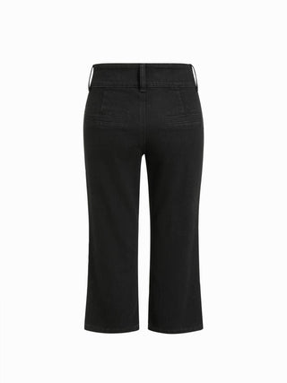 Stretch Denim Washed Mid Rise Metal Detail Flared Capri Jeans