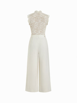 Lace Stand Collar Mid Rise Wide Leg Jumpsuit With Belt