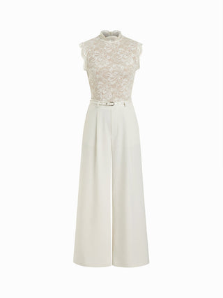 Lace Stand Collar Mid Rise Wide Leg Jumpsuit With Belt