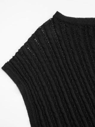Knit Asymmetrical Neck Lace Panel Short Sleeve Top