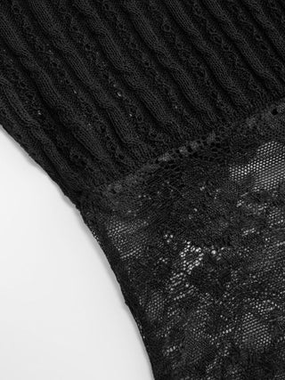 Knit Asymmetrical Neck Lace Panel Short Sleeve Top
