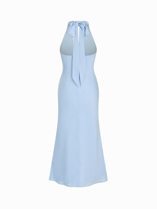 Satin Halter Neckline Lace Panel Backless Mermaid Maxi Dress