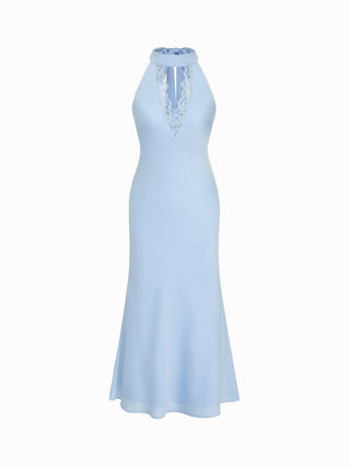 Satin Halter Neckline Lace Panel Backless Mermaid Maxi Dress