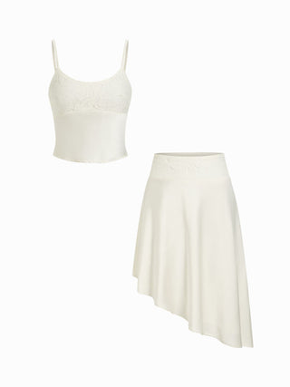 Satin Lace Cami Top & Low Rise Asymmetrical Midi Skirt Set