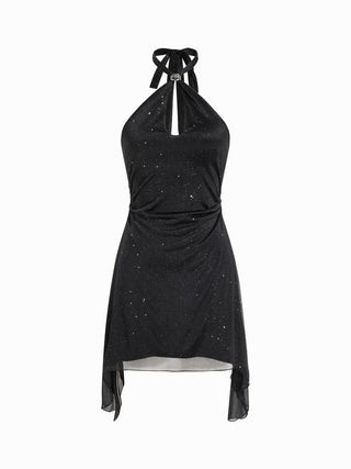 Textured Halter Neckline Cut Out Metal Detail A-line Mini Dress