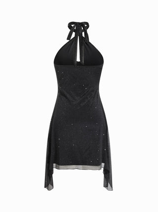 Textured Halter Neckline Cut Out Metal Detail A-line Mini Dress