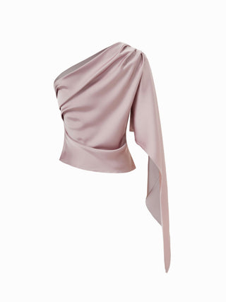 Satin Asymmetrical Neck Cloak Sleeve Draped Blouse