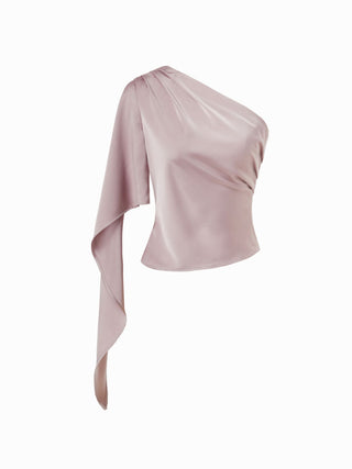 Satin Asymmetrical Neck Cloak Sleeve Draped Blouse