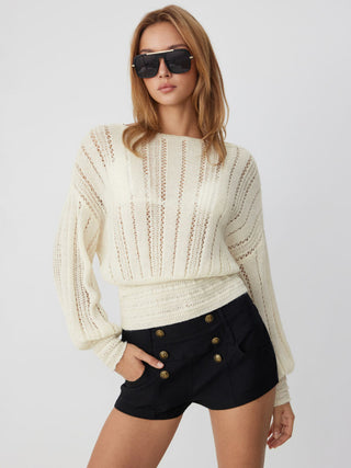 Knit Fabric Boat Neck Crochet Shirred Long Sleeve Top