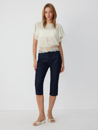 Boat Neck Bell Sleeve Lace Panel Oversized Blouse
