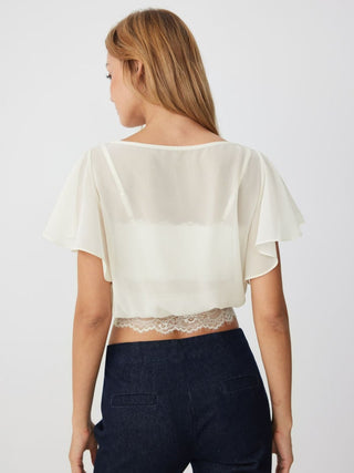 Boat Neck Bell Sleeve Lace Panel Oversized Blouse