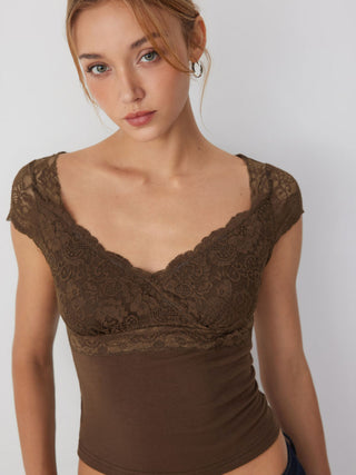 Lace Trim Sweetheart Neck Short Sleeve Tee