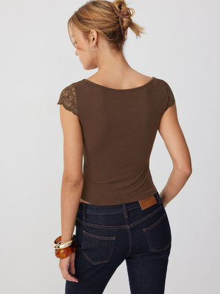 Lace Trim Sweetheart Neck Short Sleeve Tee