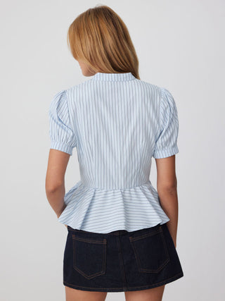 Striped Stand Collar Puff Sleeve Toggle Button Peplum Hem Blouse
