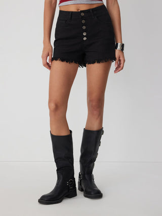 Washed Denim High Rise Fringe Hem Shorts
