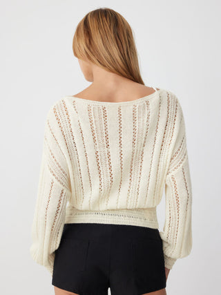 Knit Fabric Boat Neck Crochet Shirred Long Sleeve Top