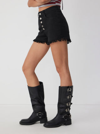 Washed Denim High Rise Fringe Hem Shorts