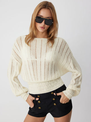Knit Fabric Boat Neck Crochet Shirred Long Sleeve Top