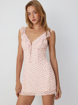 Chiffon Floral Sweetheart Ruffle Sleeve Tie Front A-line Mini Dress