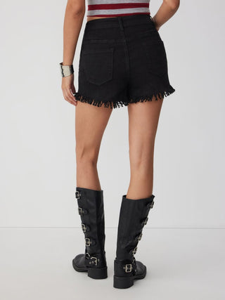 Washed Denim High Rise Fringe Hem Shorts