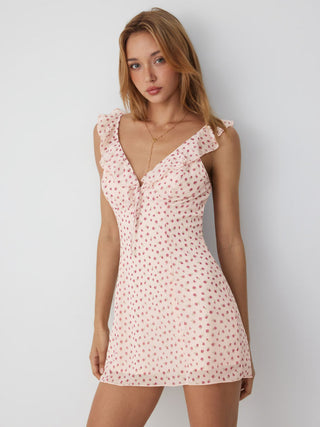Chiffon Floral Sweetheart Ruffle Sleeve Tie Front A-line Mini Dress