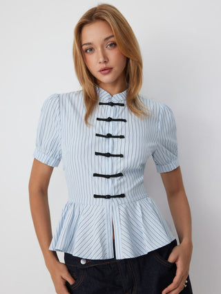 Striped Stand Collar Puff Sleeve Toggle Button Peplum Hem Blouse