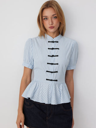 Striped Stand Collar Puff Sleeve Toggle Button Peplum Hem Blouse