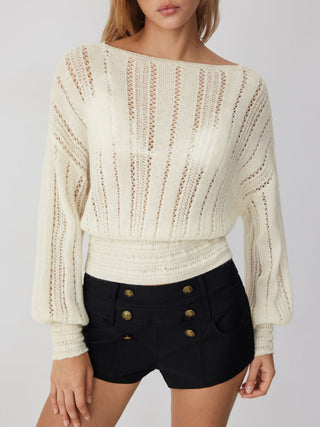Knit Fabric Boat Neck Crochet Shirred Long Sleeve Top