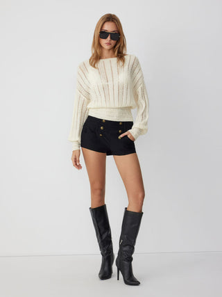 Knit Fabric Boat Neck Crochet Shirred Long Sleeve Top