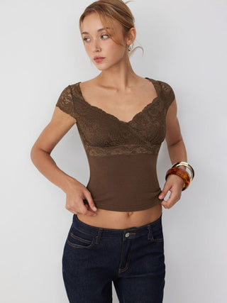 Lace Trim Sweetheart Neck Short Sleeve Tee
