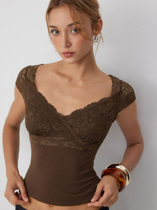Lace Trim Sweetheart Neck Short Sleeve Tee