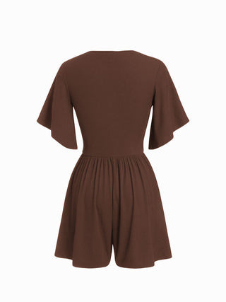 Textured V-neck Ruched Mid Rise Bell Sleeve Romper