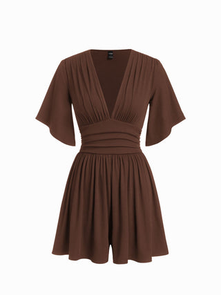Textured V-neck Ruched Mid Rise Bell Sleeve Romper