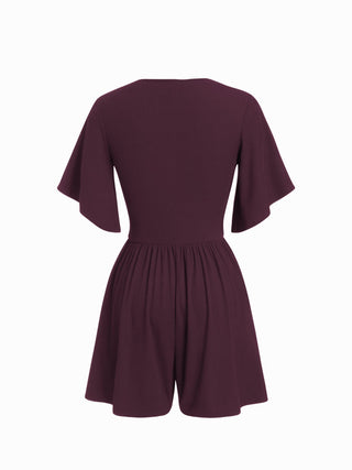 Textured V-neck Ruched Mid Rise Bell Sleeve Romper