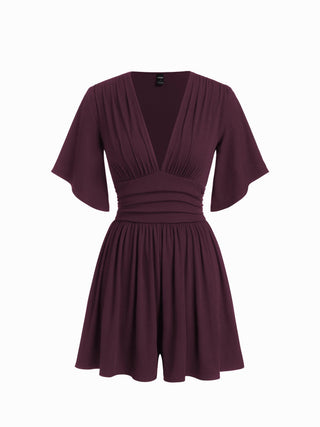 Textured V-neck Ruched Mid Rise Bell Sleeve Romper