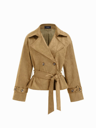 Suede Collar Double Breasted Trench Coat With Belt