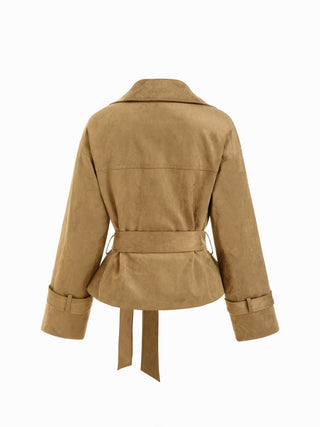 Suede Collar Double Breasted Trench Coat With Belt
